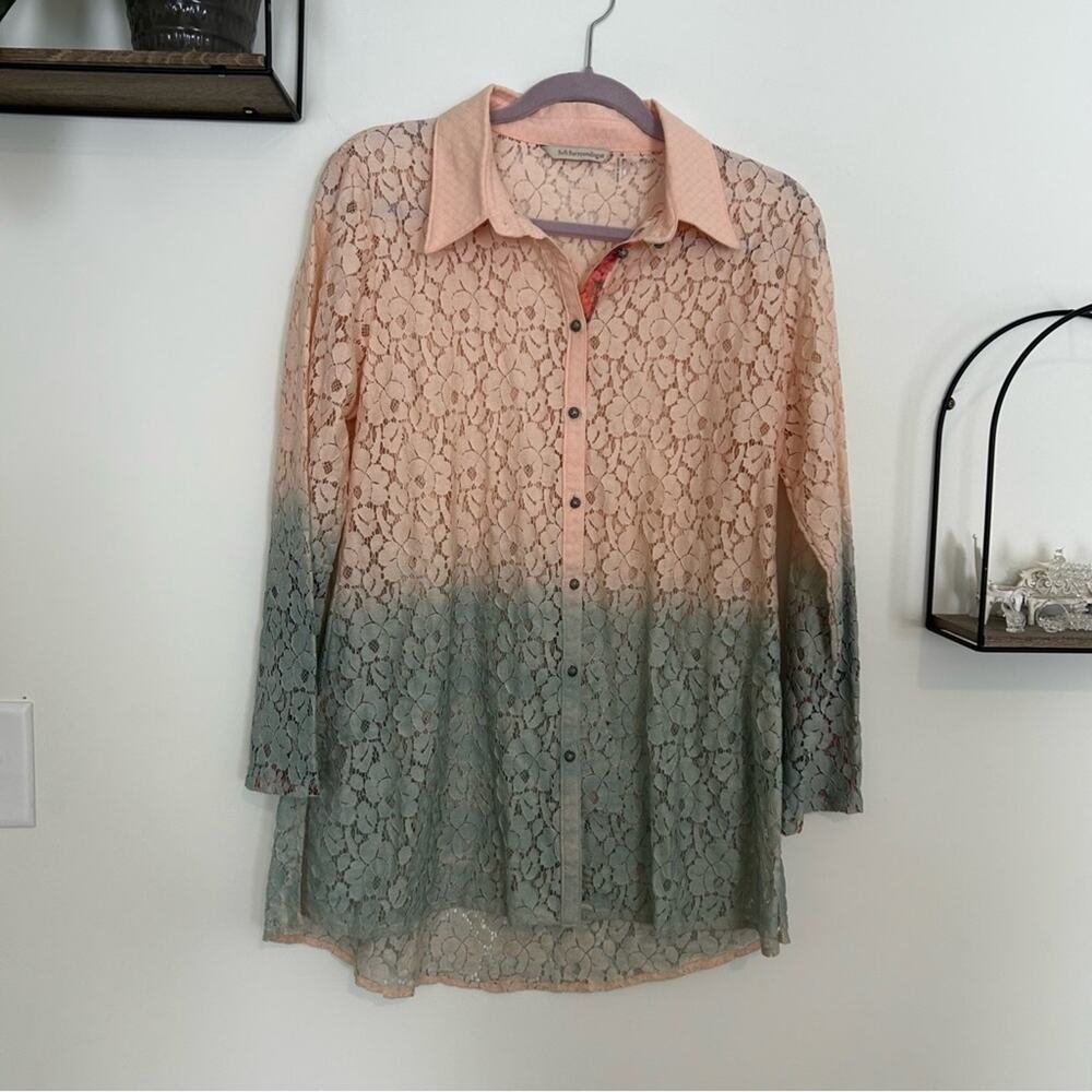 Soft Surroundings  Aurelie Dip Dye Eyelet Ombre Lace‎ Button Down Blouse Tunic S